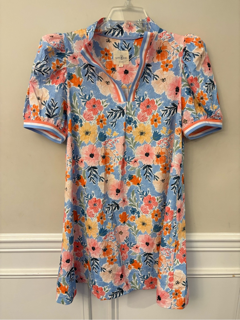 Umgee Blue Floral V-Neck Tunic with Striped Trim